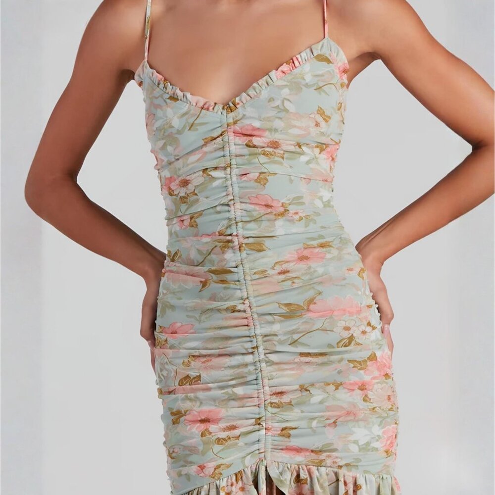 Windsor ✦ Spotted in Floral Mesh Dress ✦ Ruffle Hem Mini Sage Green Sz S NWT - Picture 1 of 5